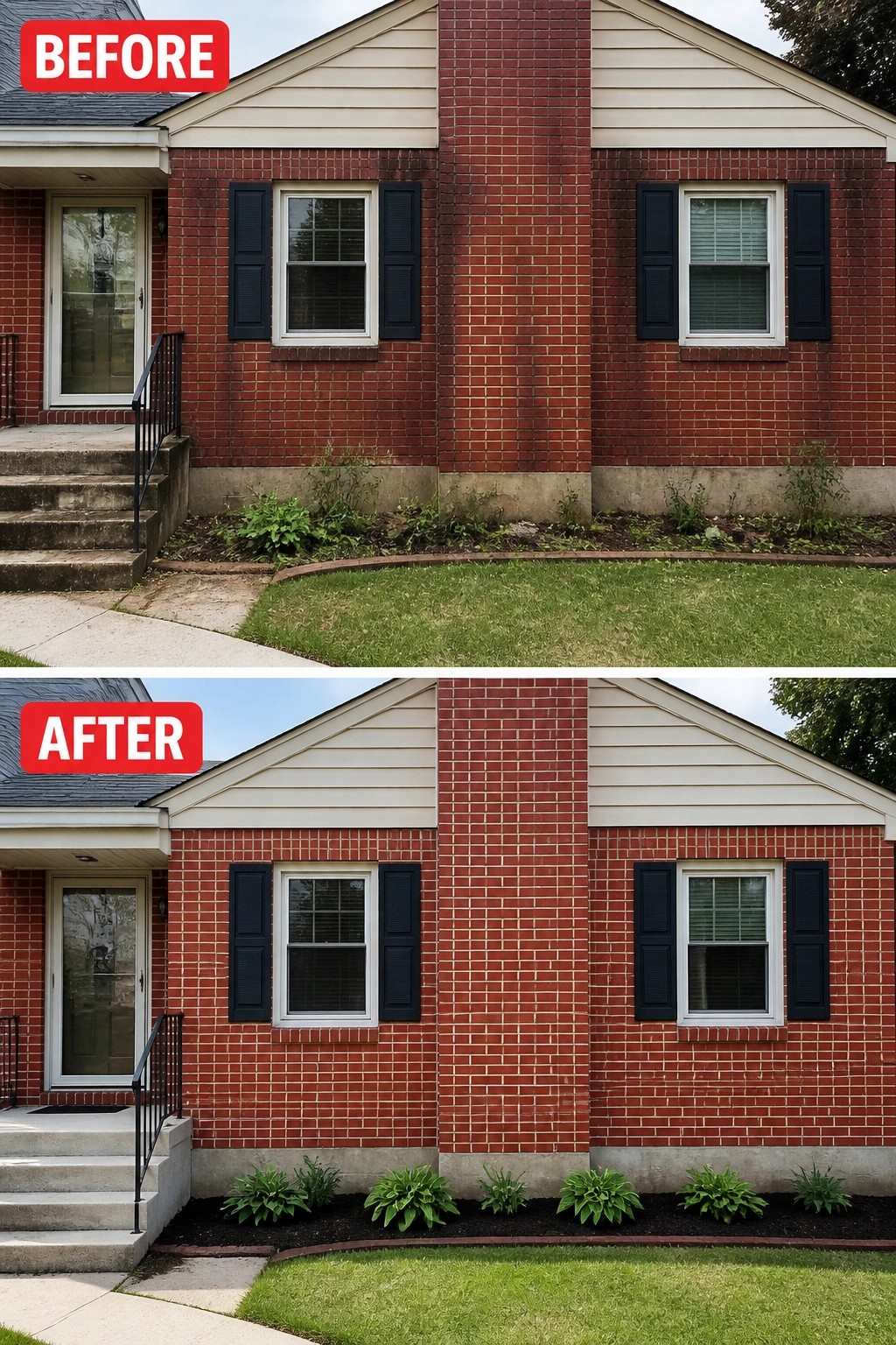 Before-and-after image of a brick house front where an overgrown foundation strip was cleared and replaced with a neat mulch bed planted with evenly spaced low hostas.