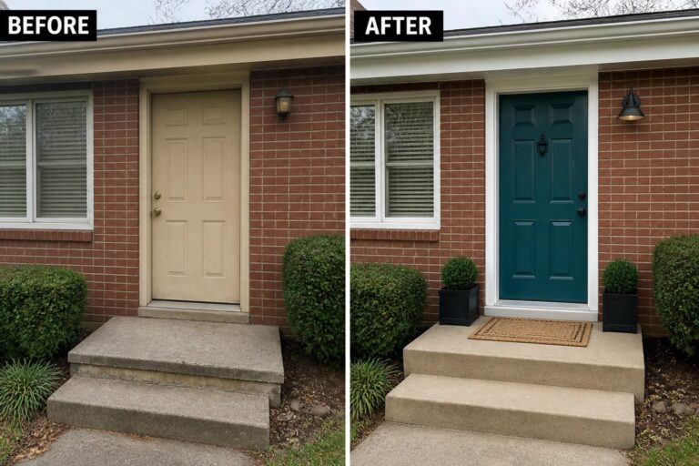 Before-and-after image of a brick house entry where a plain beige door and empty stoop are updated with a painted teal door, new exterior light, and paired planters.