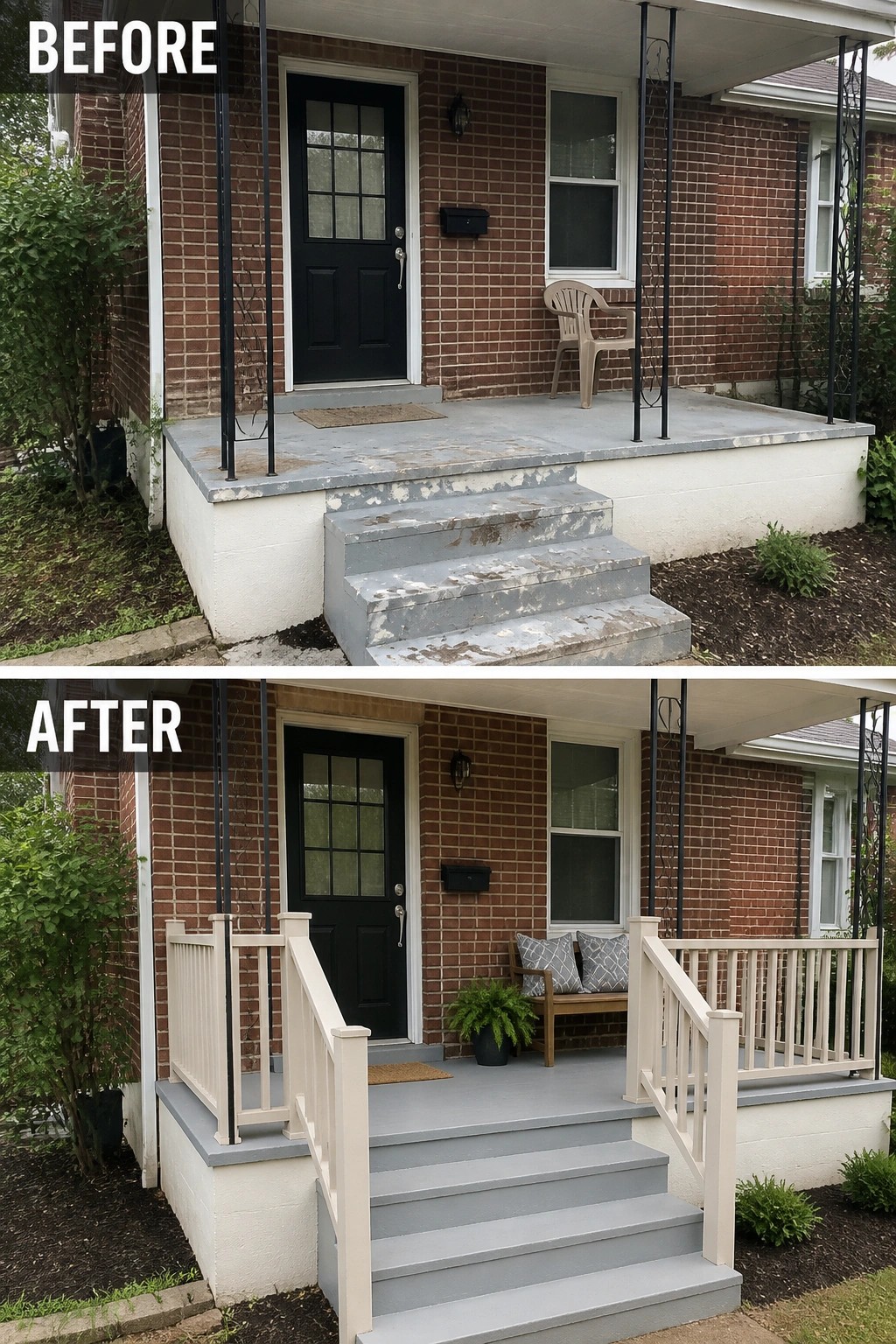 Before-and-after image of a small brick front porch updated with painted steps, added railings, a bench with cushions, and a planter.
