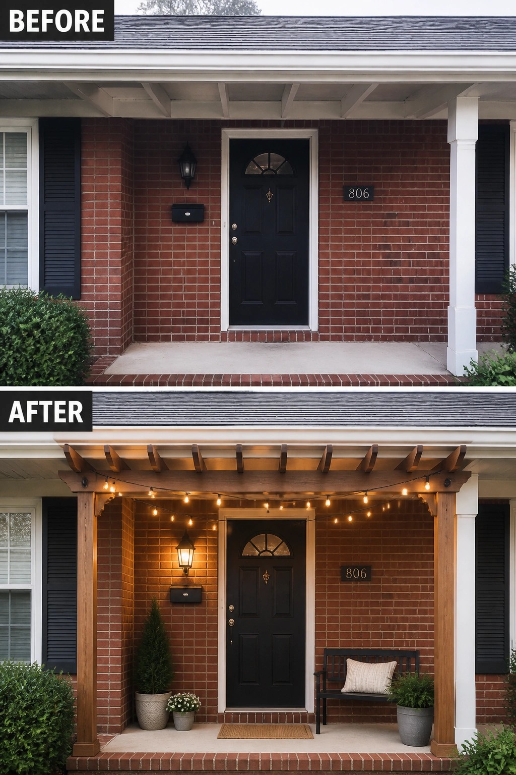 Before-and-after image of a bare front porch updated with a wooden pergola, string lights, planters, and a bench.