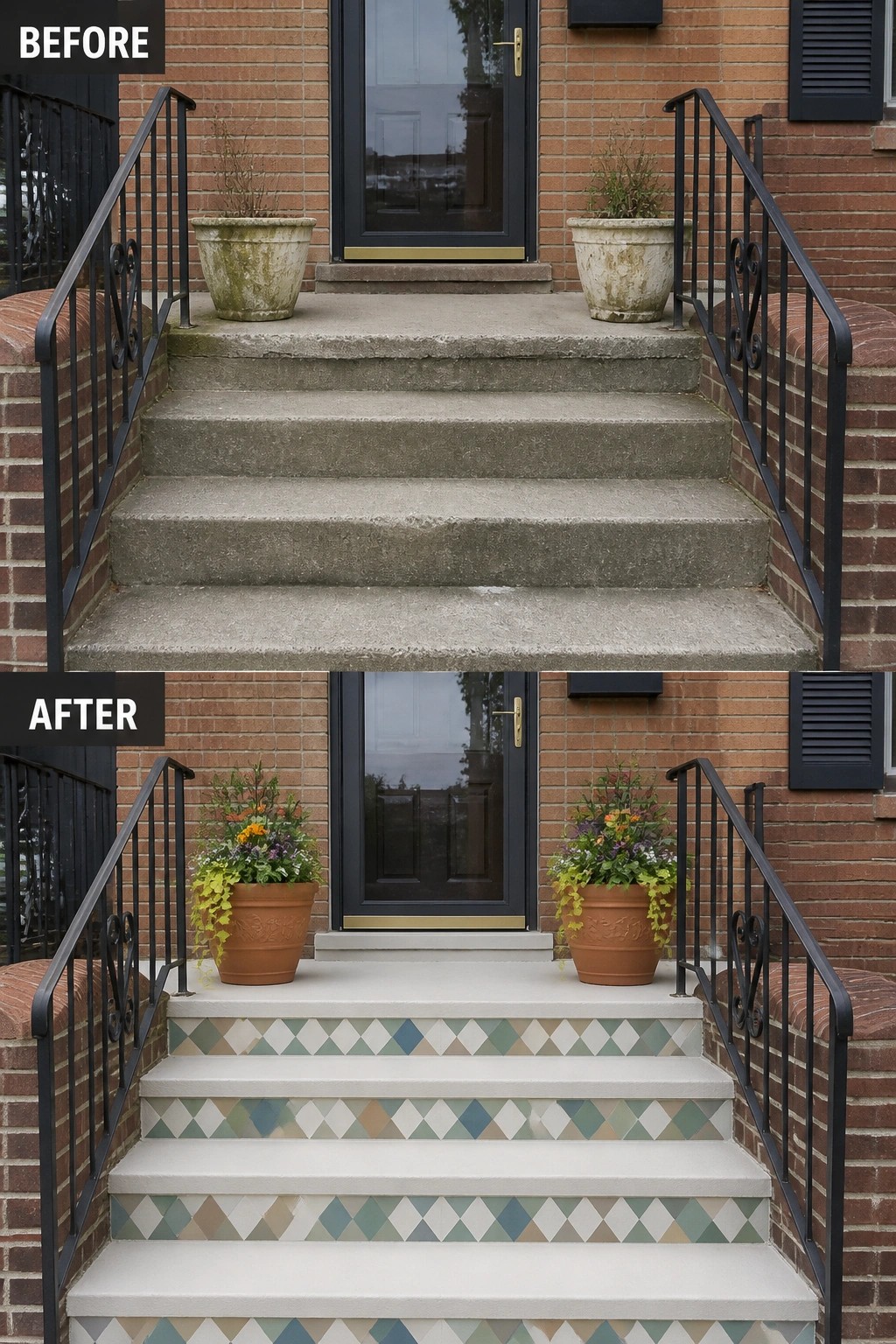 Before-and-after image of a brick house entry where plain concrete steps were updated with painted treads, patterned risers, and new potted planters.