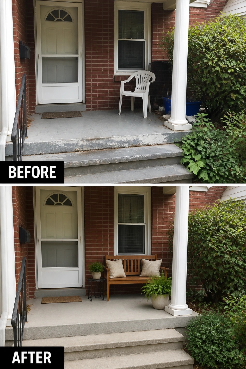 Before-and-after image of a small brick front porch changed from bare concrete with a plastic chair to a styled entry with a wooden bench, cushions, and planters.