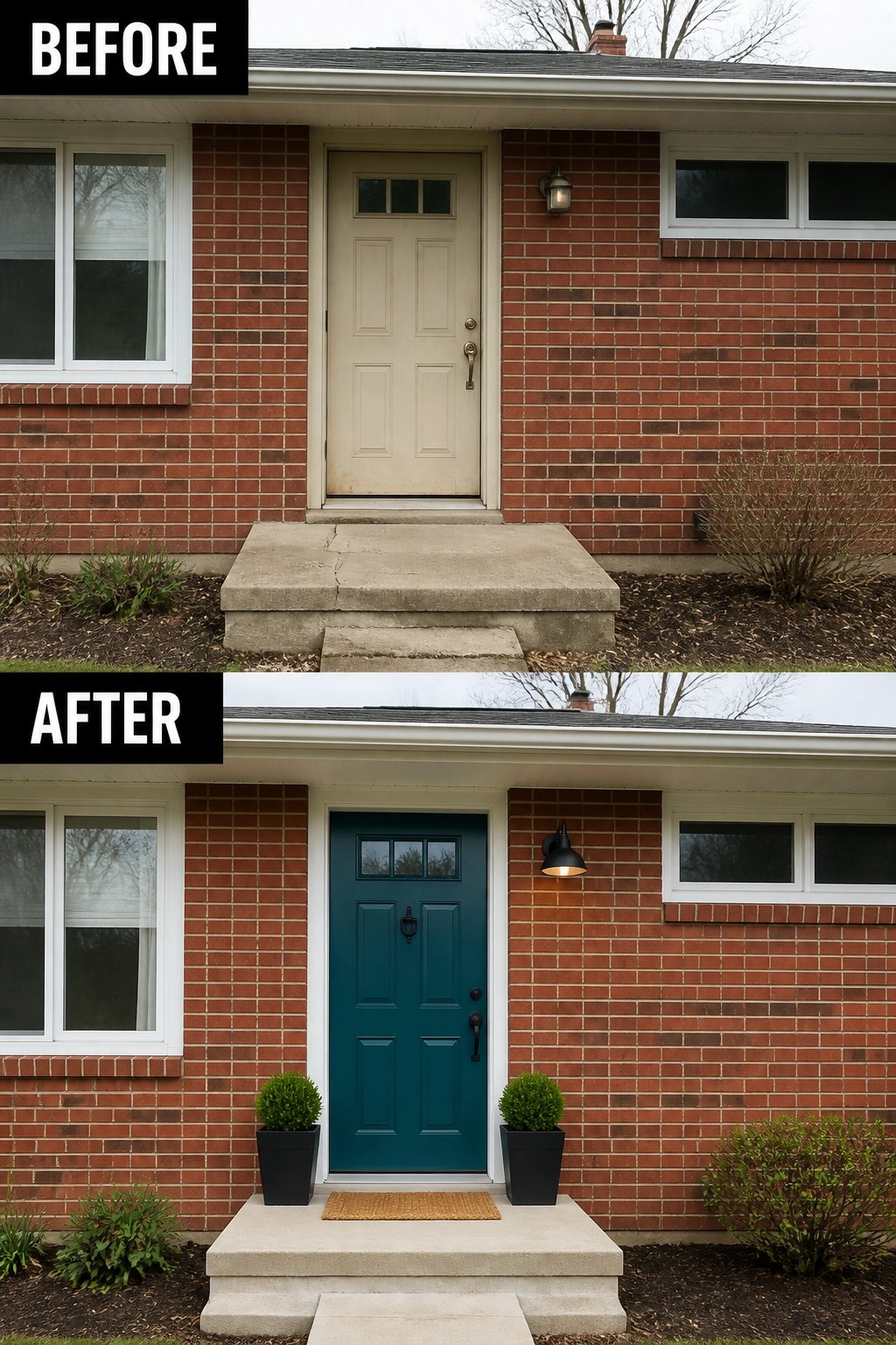 Before-and-after image of a brick house entry where a plain beige door and empty stoop are updated with a painted teal door, new exterior light, and paired planters.