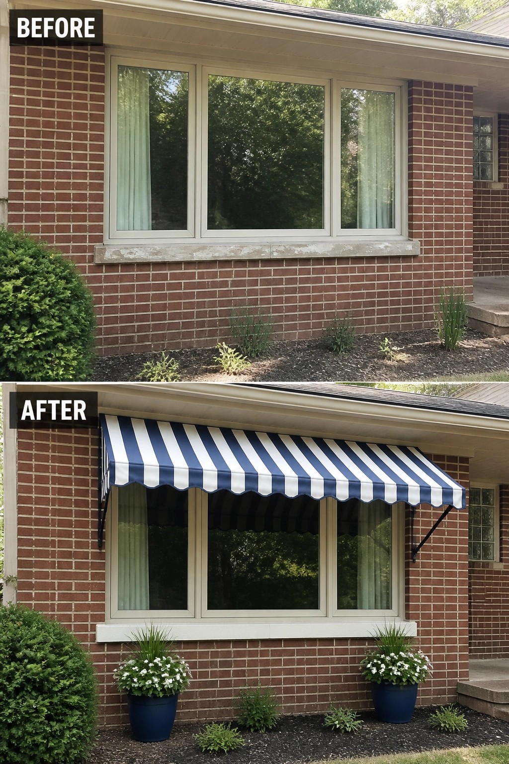 Before-and-after image of a brick house window updated by adding a blue-and-white striped awning and matching blue planters.