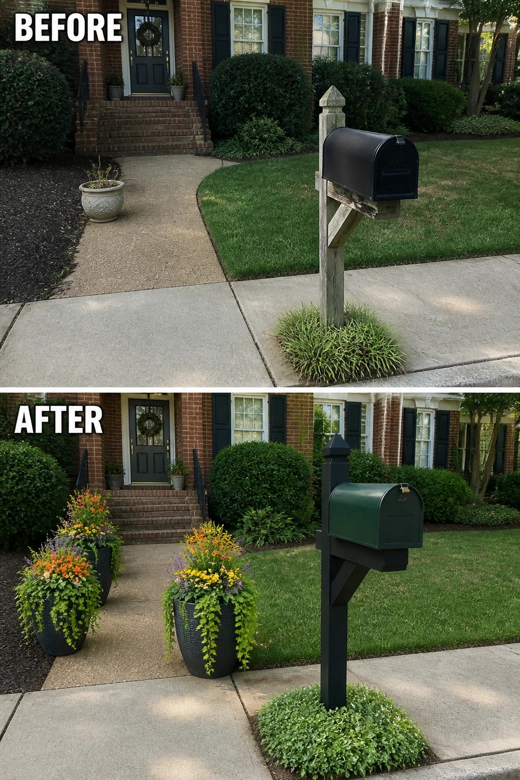 Split before-and-after front-yard: weathered wooden mailbox replaced by black post with green mailbox, vibrant planters.