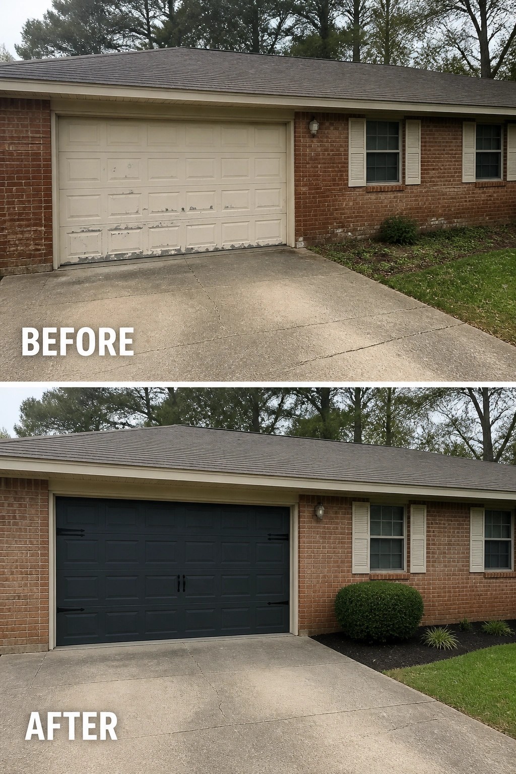 Before-and-after image of a brick house where a chipped beige garage door is repainted dark and fitted with simple decorative hardware and a neat planting bed.