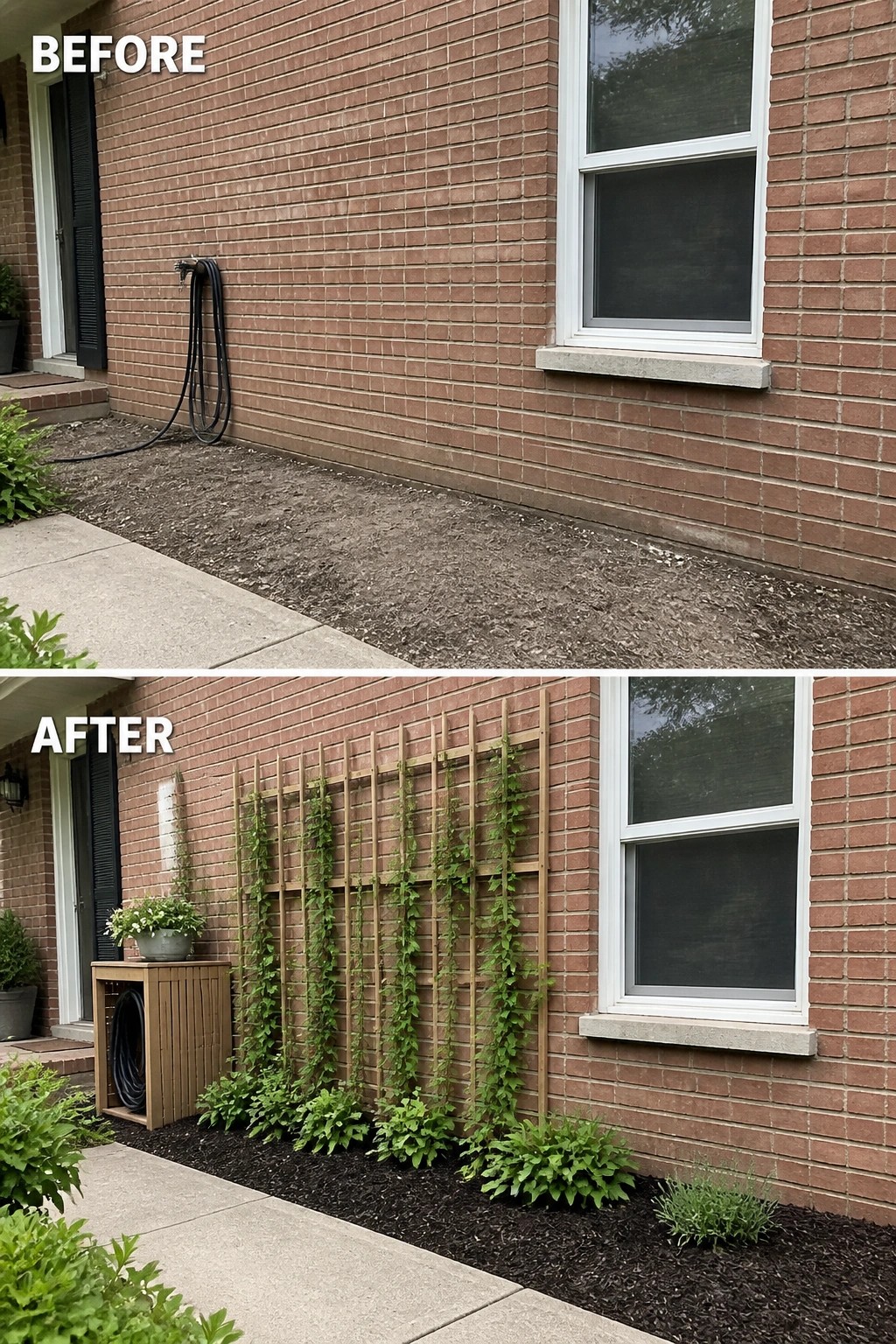 Before-and-after image of a bare strip of soil along a brick house updated with a wooden trellis, climbing vines, mulch, and a hose storage box.