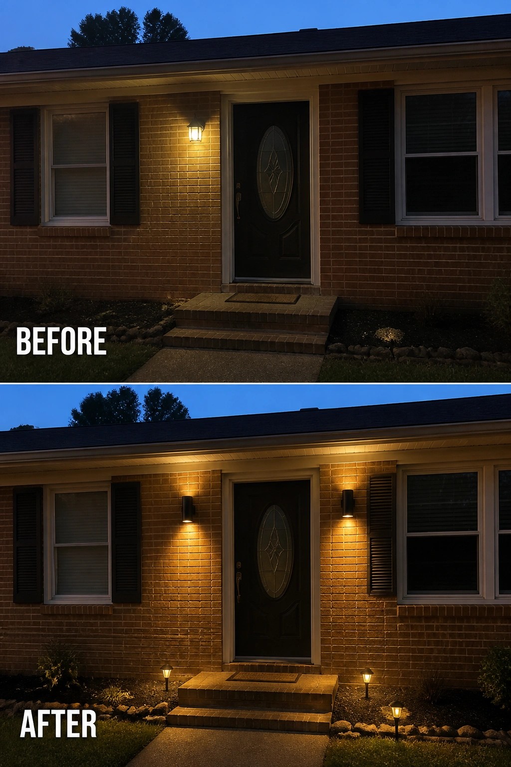 Before-and-after image of a brick front entry where a single wall light was replaced by matching up-down sconces and low pathway lights were added.