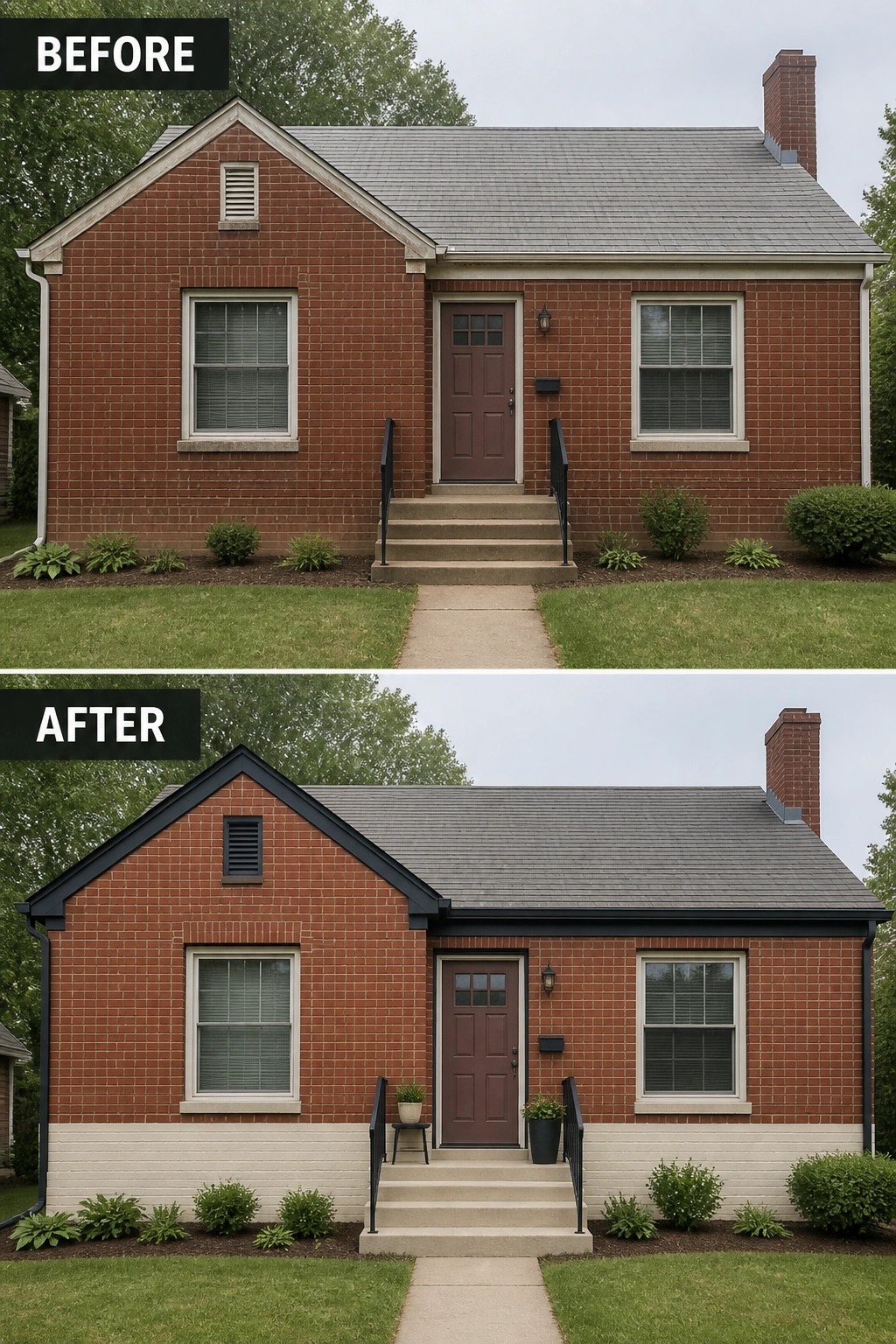 Before-and-after image of a small brick house updated with darker painted trim, a painted lower brick band, and potted planters added to the front steps.