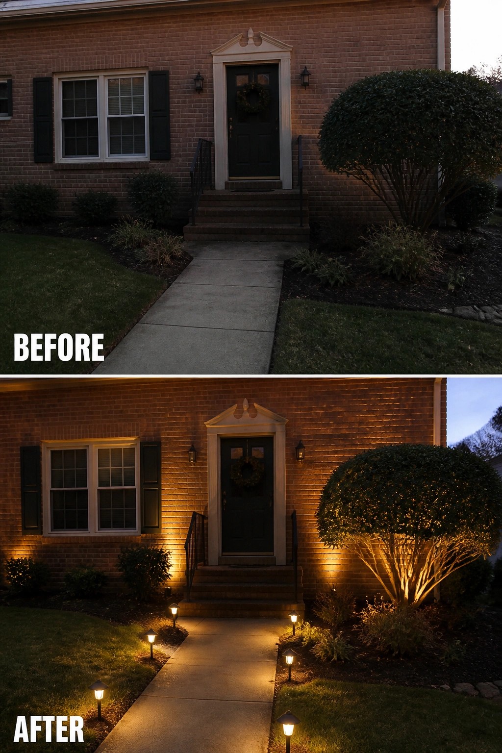Before-and-after image of a brick house entry showing a dark walkway and porch, then the same entry lit with pathway stake lights and uplighting on the wall and shrub.
