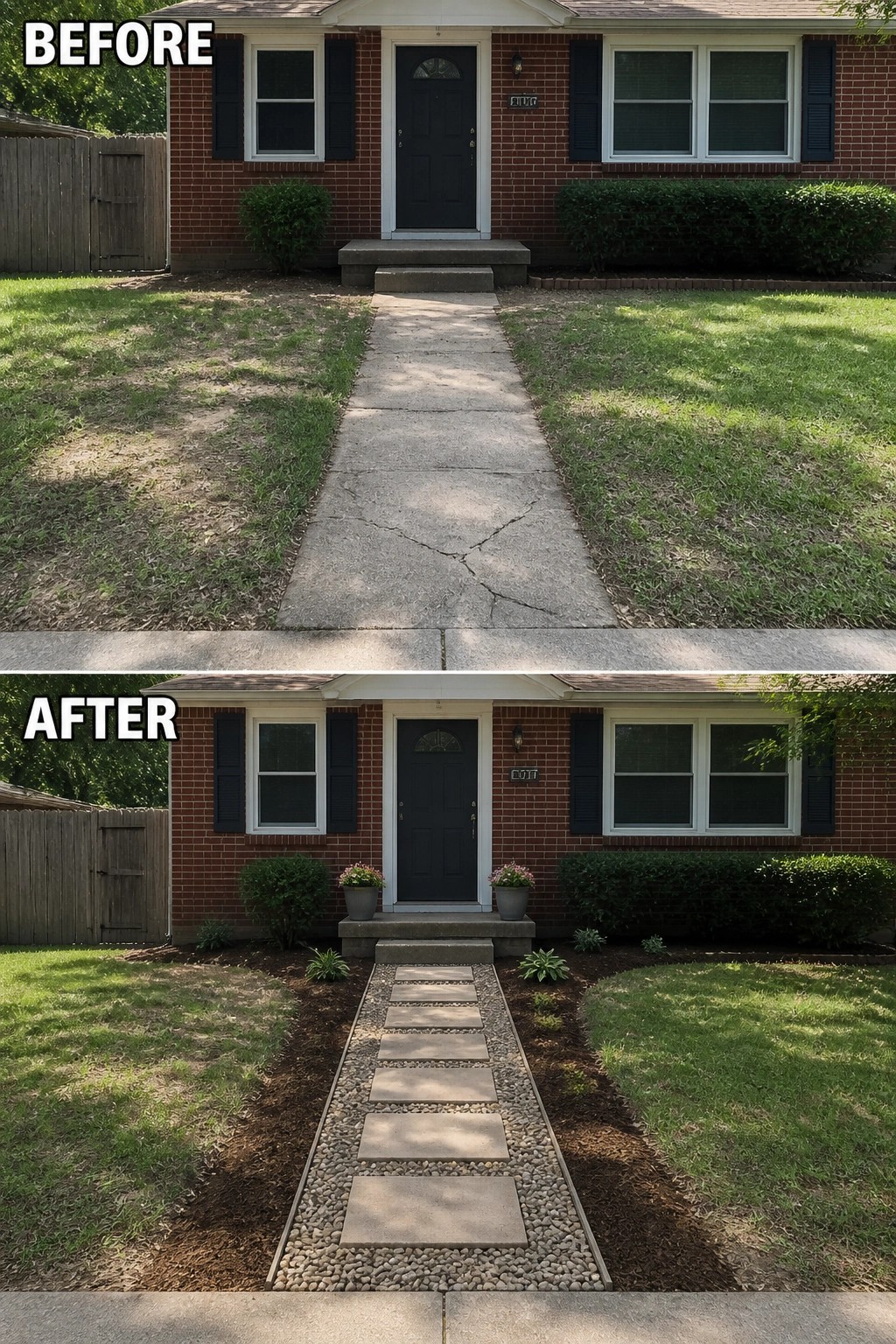 Before-and-after image of a front walkway where a cracked concrete path is replaced by square pavers set in gravel with edged mulch beds and planters at the entry.