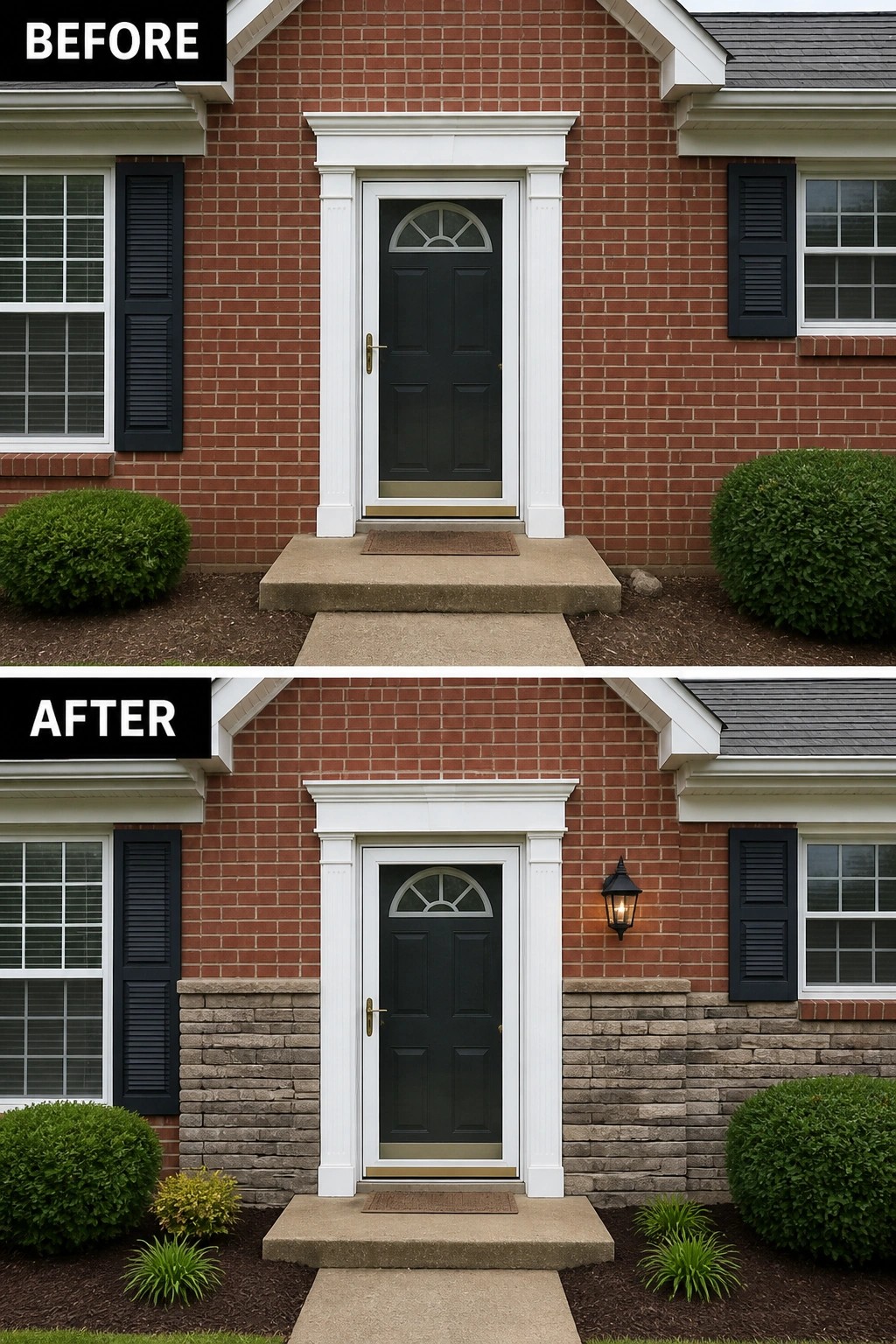 Before-and-after front brick entry with black door, white trim, added stone veneer and lantern.