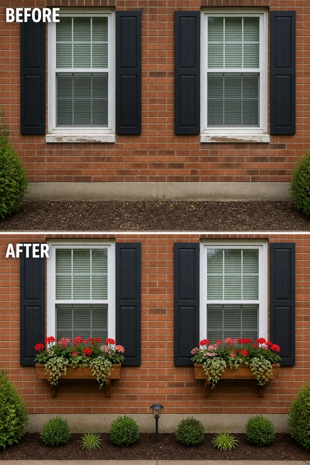 Before-and-after image of a brick house showing bare window sills and an empty planting bed changed to wooden window boxes with flowering plants and a tidy row of low shrubs.