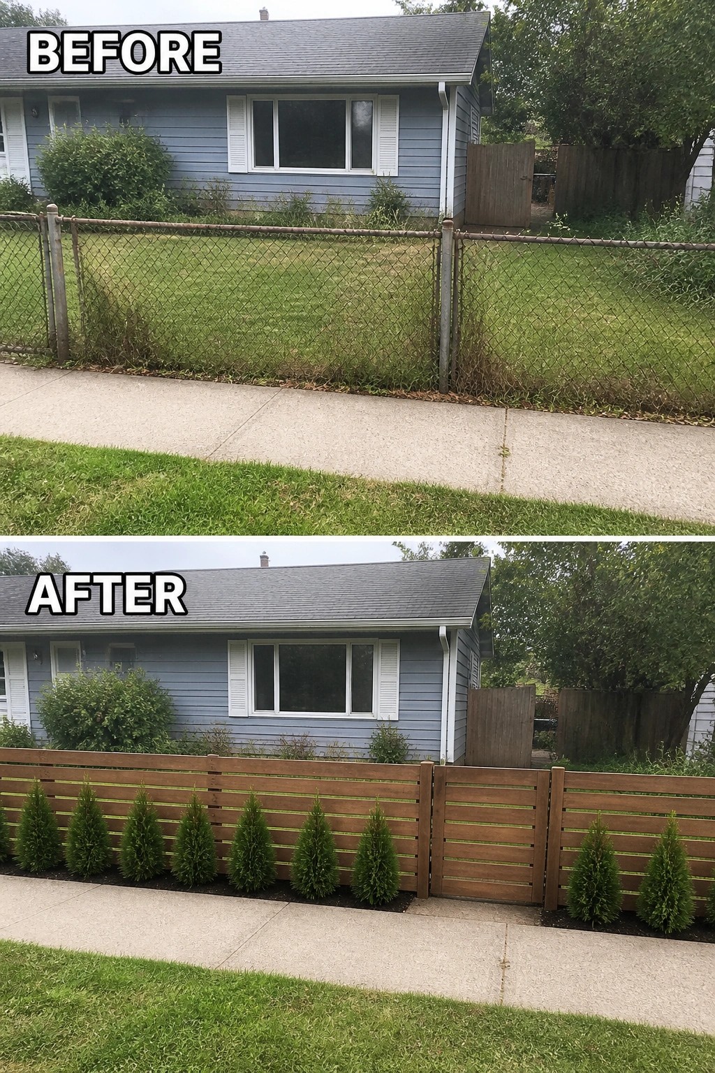 Before-and-after image of a front yard where an old chain-link fence was replaced by a low horizontal wooden fence and a row of small evergreen shrubs was planted.