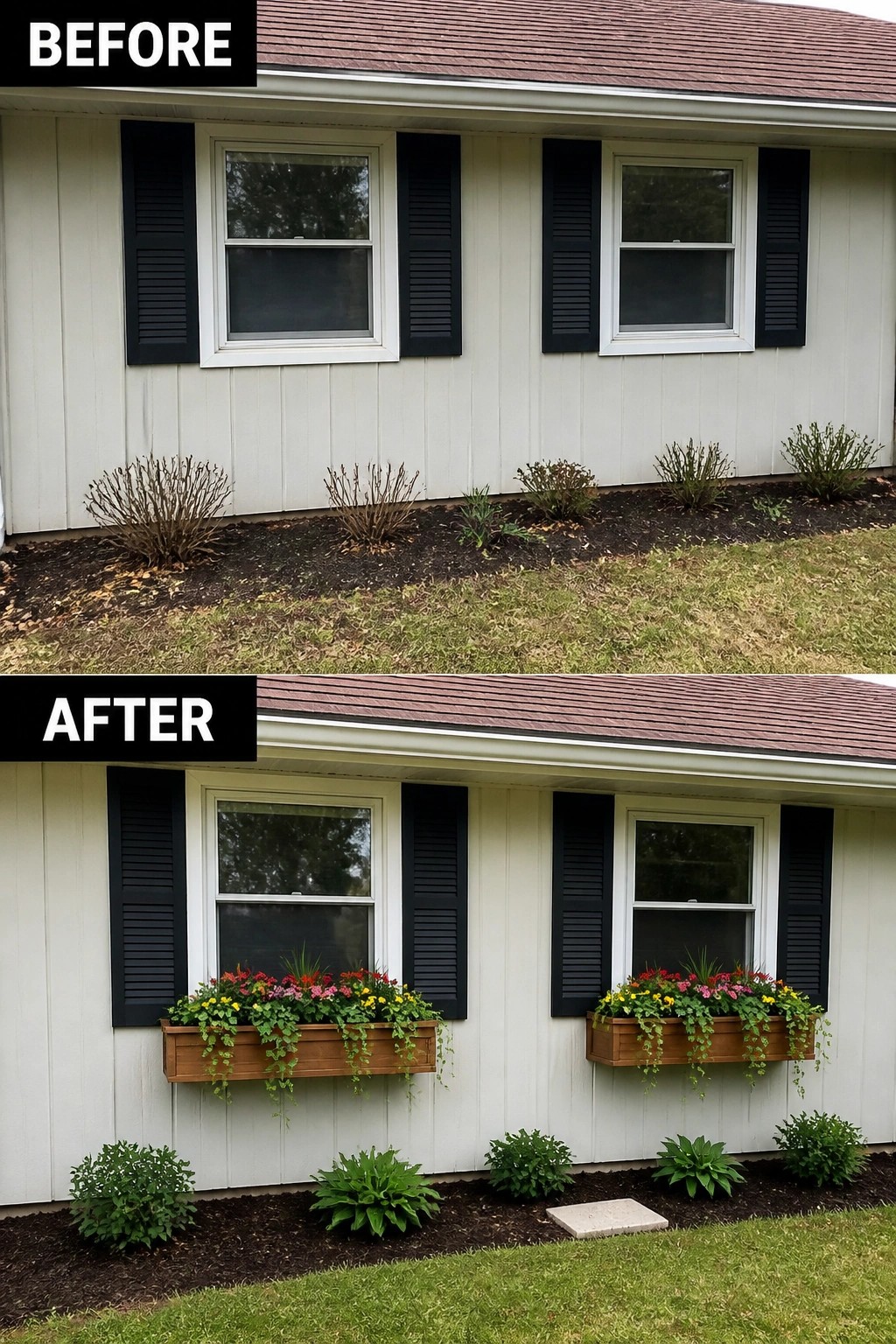 Before-and-after image of a ranch exterior updated by adding wooden window boxes filled with colorful flowers and tidying the planting bed below.
