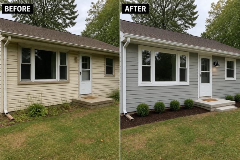 Before-and-after of small ranch: yellow siding replaced by gray, black shutters, new shrubs