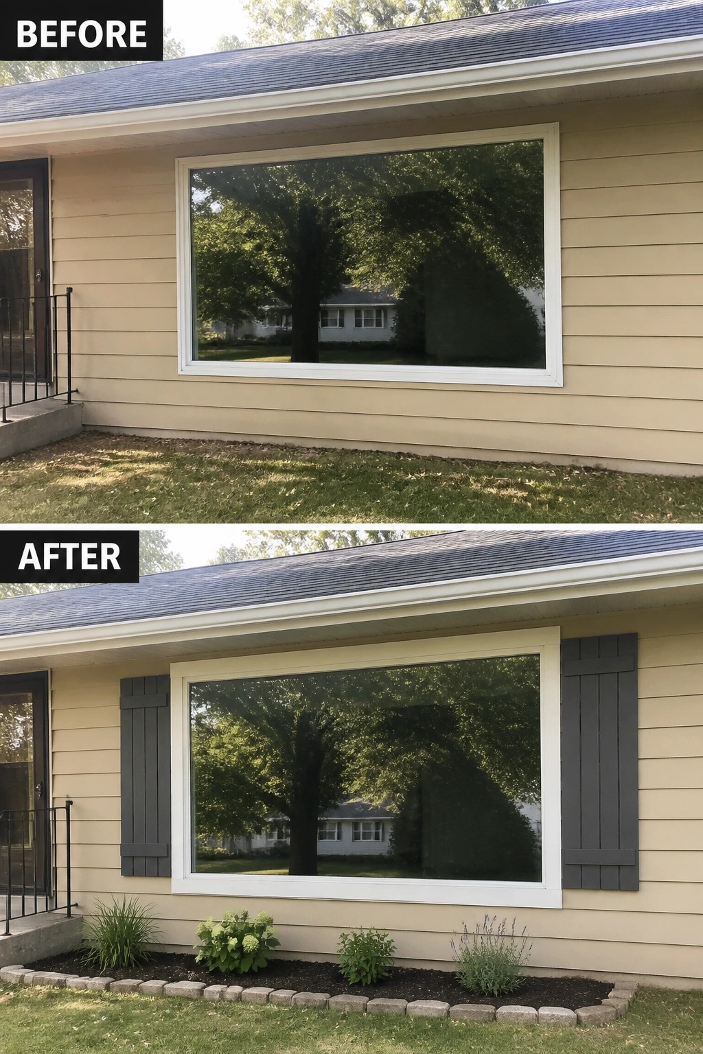 Before-and-after image of a house front where a large window is updated with painted shutters and a low edged garden bed with small plants.