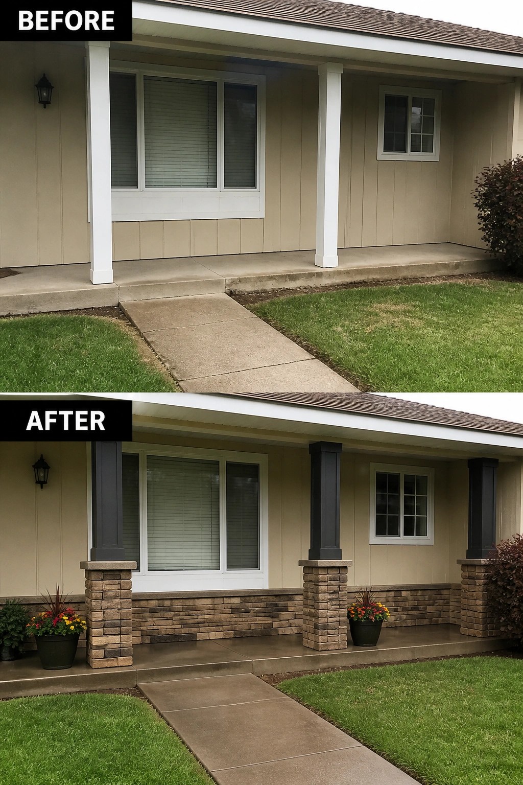 Before-and-after image of a ranch front porch where plain white posts and bare concrete were updated with dark-trimmed square columns and stone column bases and a matching stone skirt.