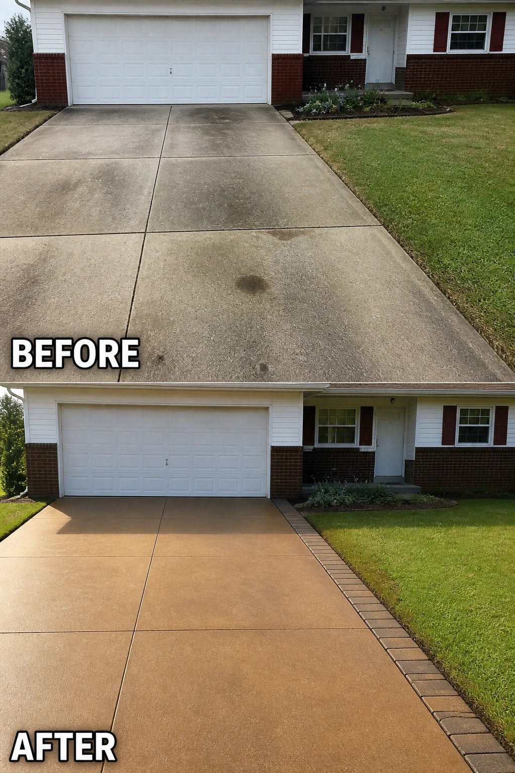 Before-and-after image of a driveway showing a dirty concrete slab updated to a stained even-toned surface with a brick paver edge.