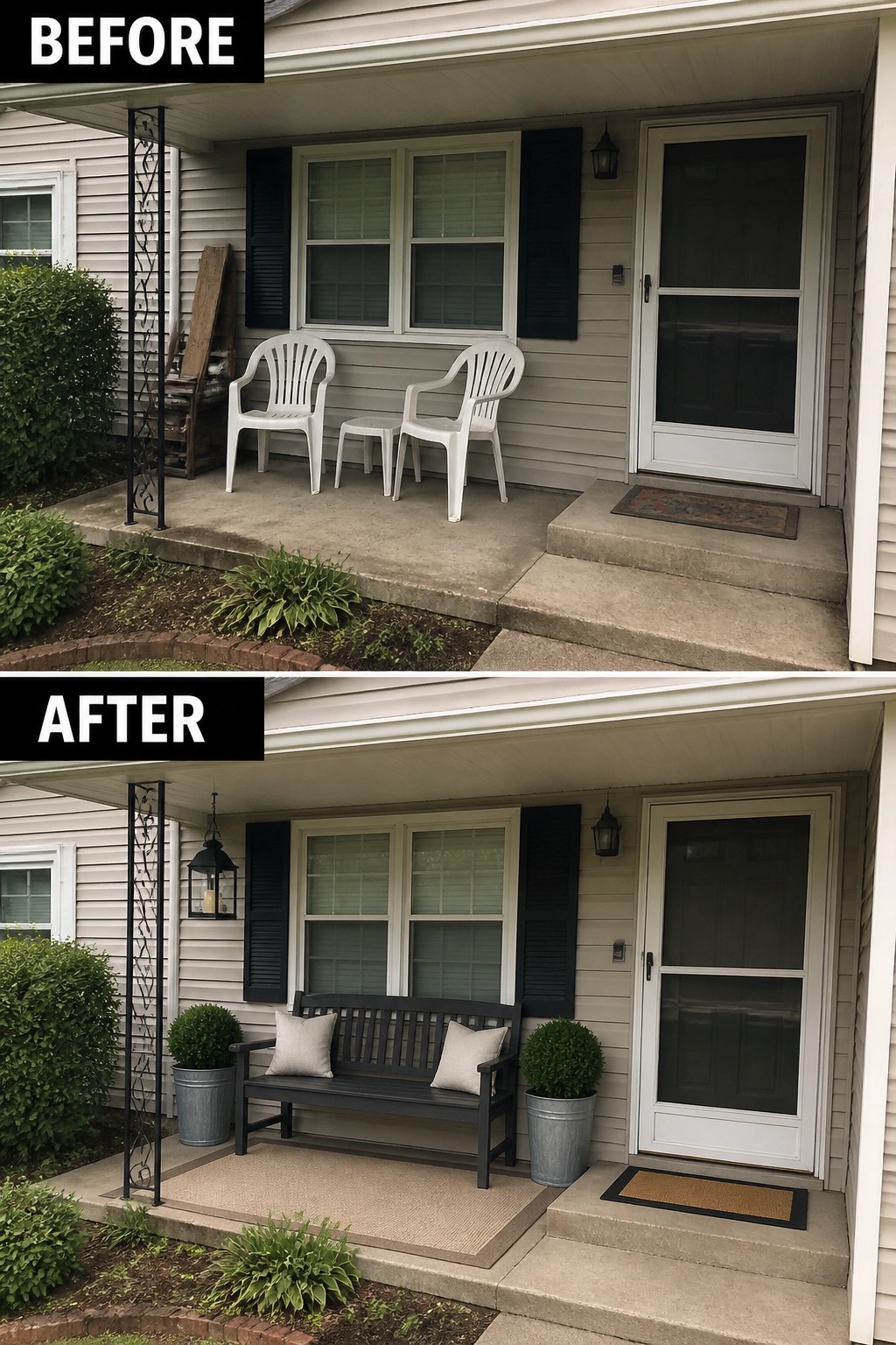 Before and after porch makeover: white plastic chairs replaced by gray bench, pillows, planters.