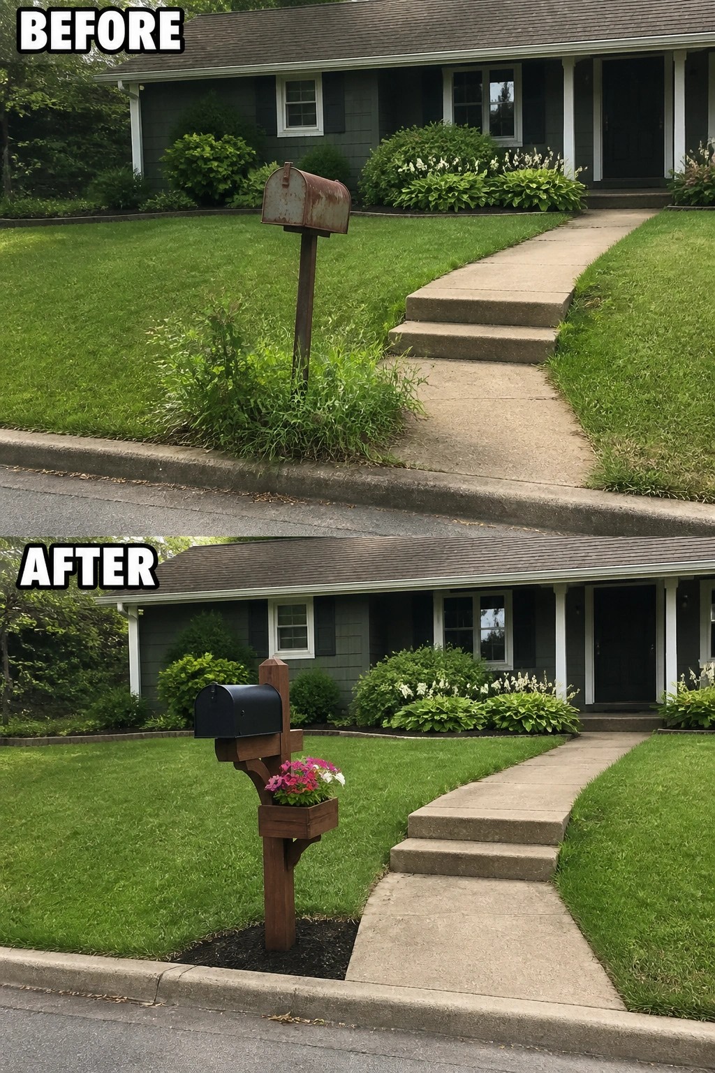 Before-and-after image showing a rusty mailbox and overgrown base replaced by a new wooden post mailbox with a planter box and fresh mulch.