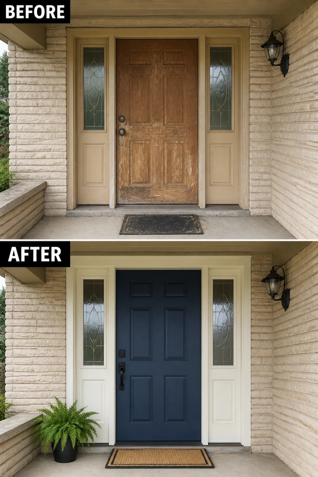 Before-and-after image of a front porch where a worn wood door and beige trim were updated to a dark blue painted door with fresh white trim, new black hardware, a doormat, and a potted fern.