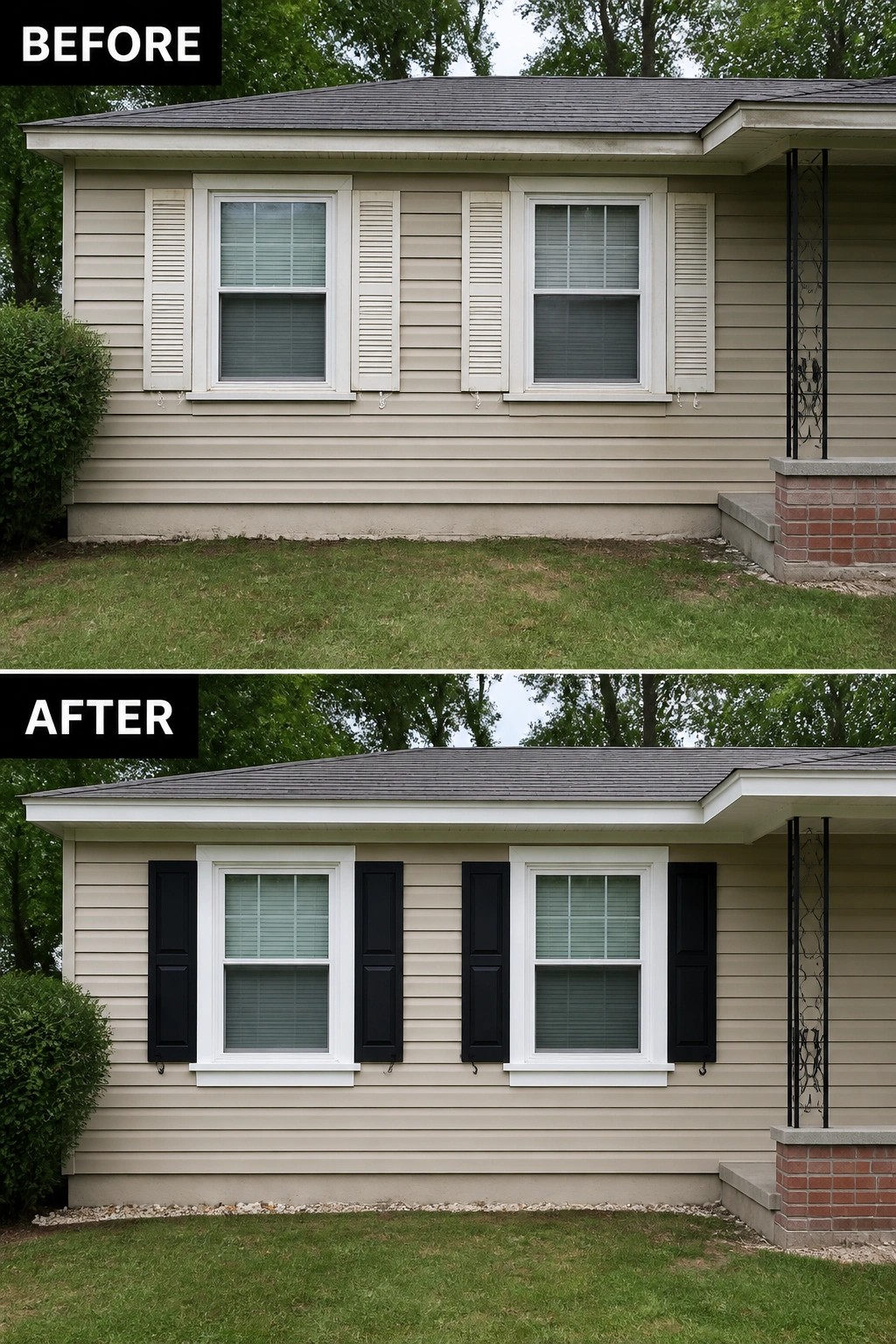 Before-and-after image of a ranch house where beige louvered shutters and dull trim are replaced with black raised-panel shutters and fresh white window trim.