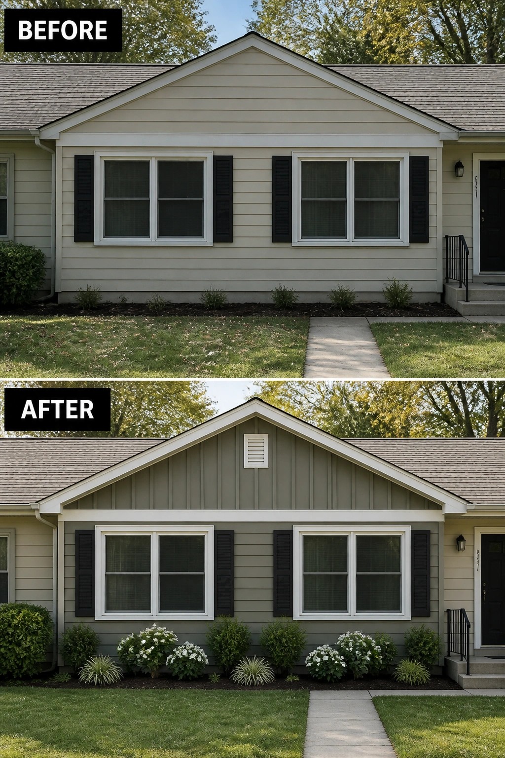 Before-and-after image of a one-story ranch house updated with new exterior paint and added vertical board-and-batten trim in the front gable.