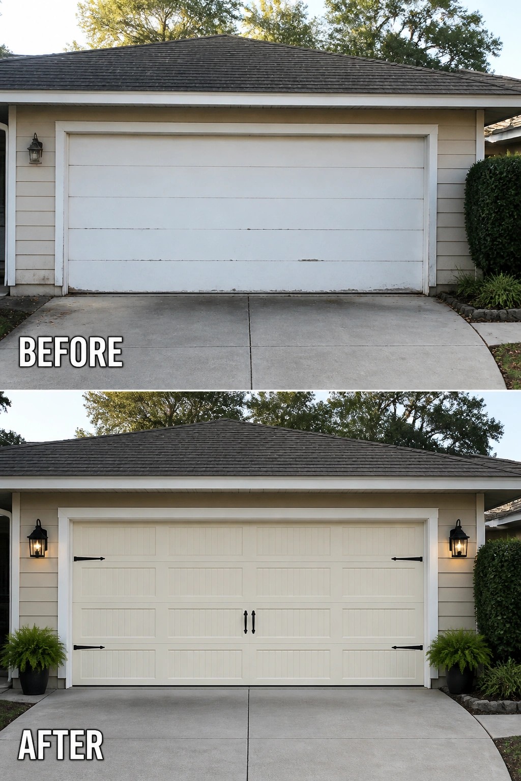 Before-and-after image of a worn plain garage door updated to a paneled carriage-style door with decorative hardware, new lantern lights, and potted plants.