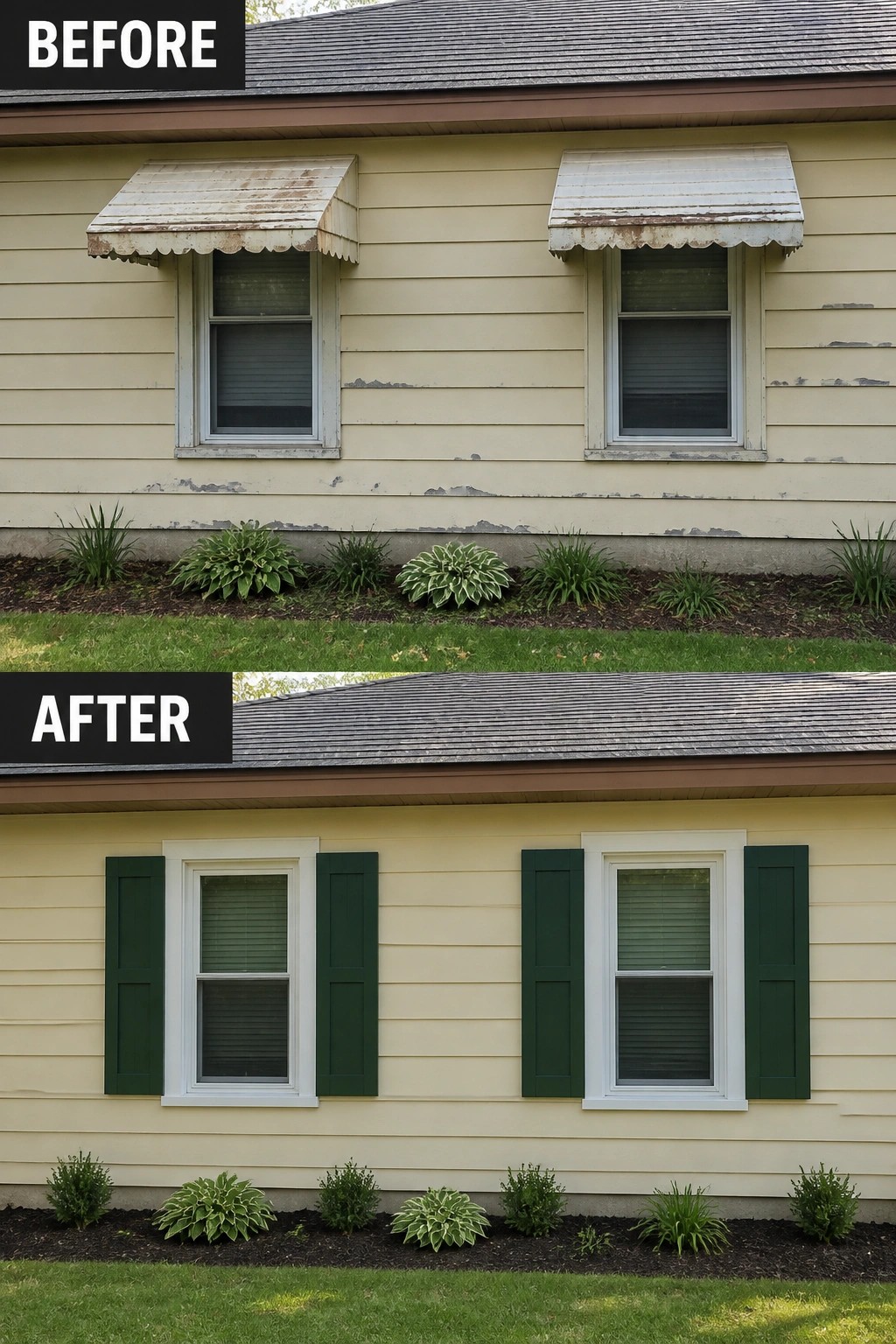 Before-and-after image of a house where rusty metal window awnings were removed and replaced with white window trim and dark green shutters.