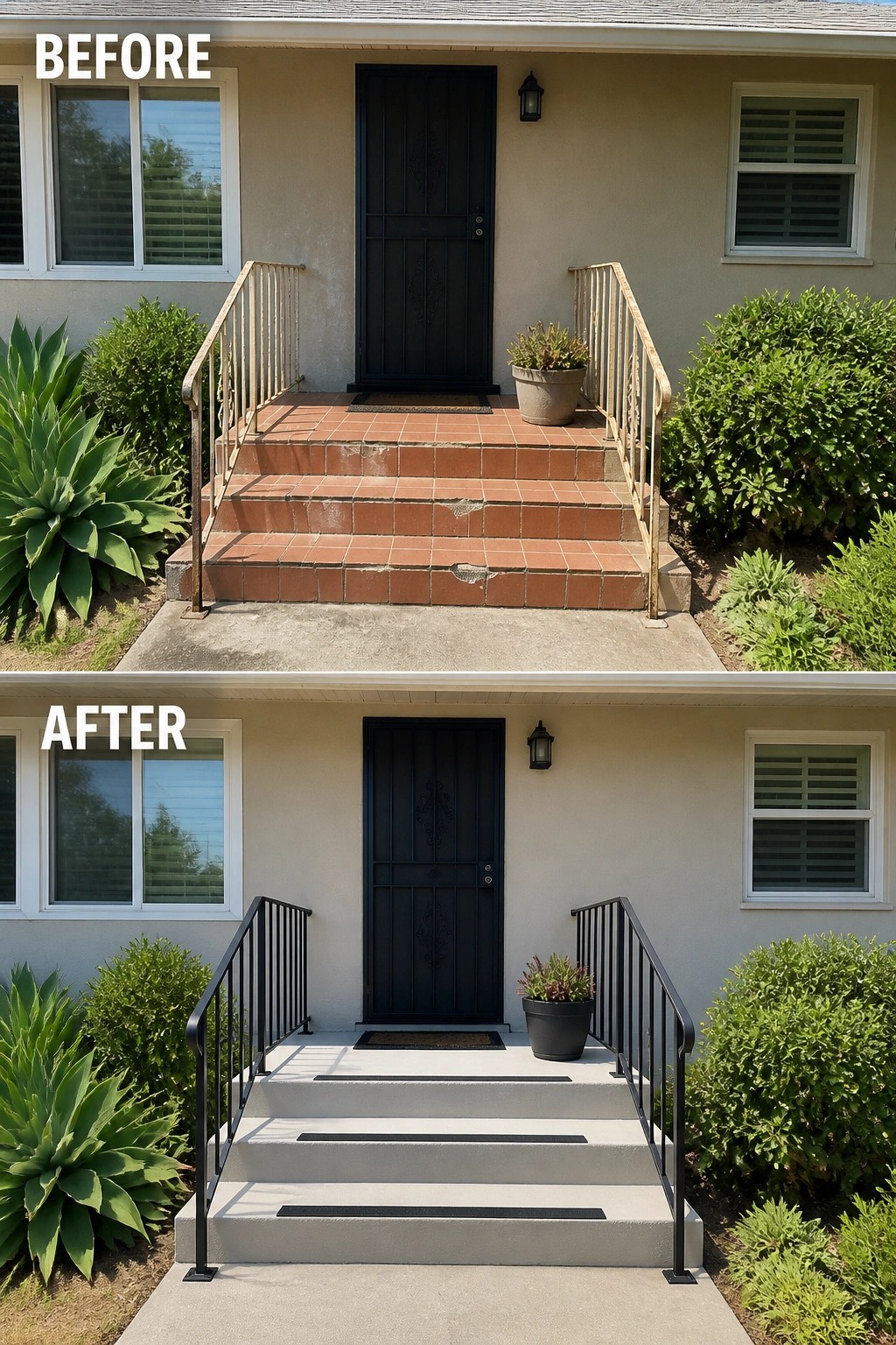 Before-and-after image of a front porch where cracked tile steps and rusted railings are replaced with smooth concrete steps and new black metal railings.