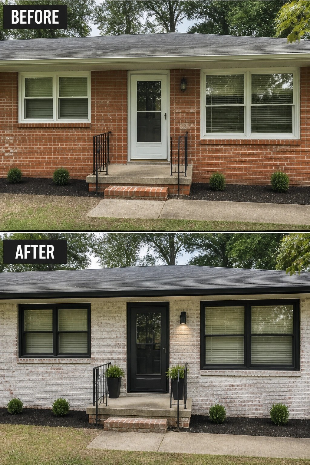 Before-and-after image of a one-story brick ranch where the original red brick is painted white and the windows and front door are painted black.