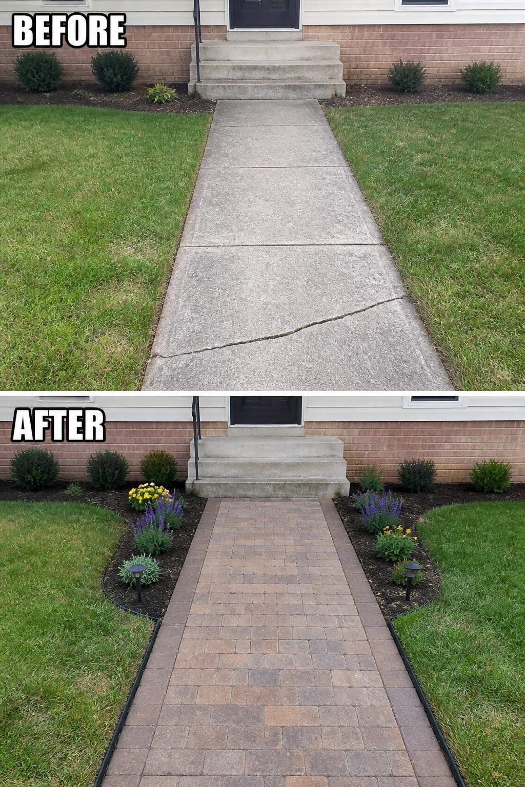 Before-and-after image showing a cracked concrete sidewalk replaced by a paver walkway with edged planting beds and low garden lights.
