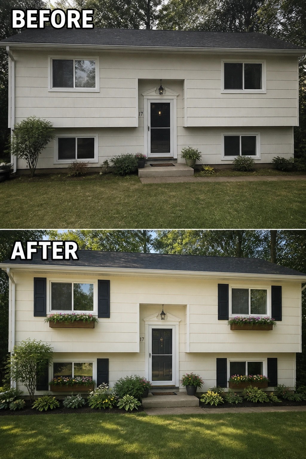 Top 'Before' plain white split-level; bottom 'After' adds black shutters, flower boxes, lush landscaping.