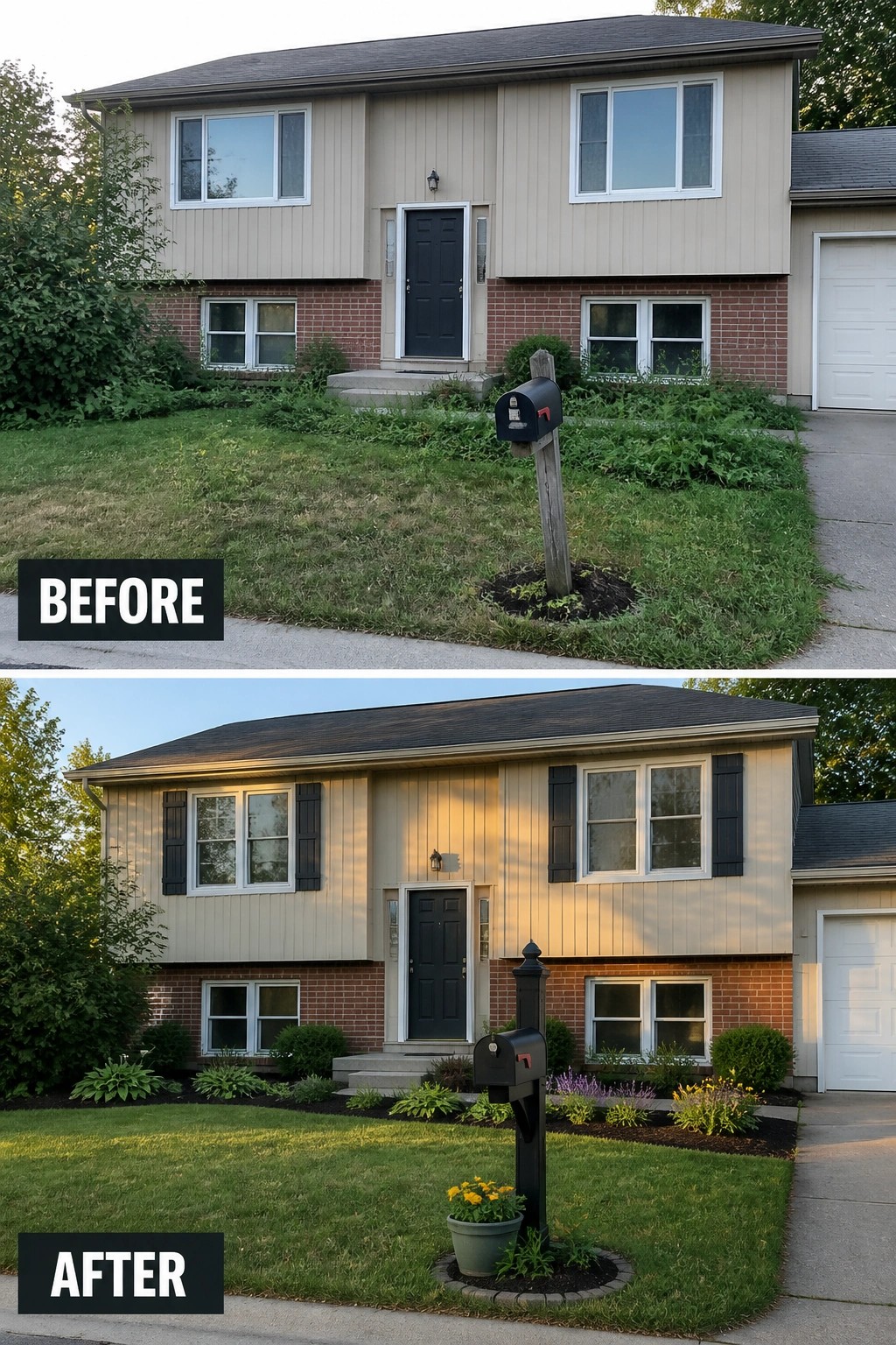 Before and after split-level house with beige siding, black door, manicured landscaping.