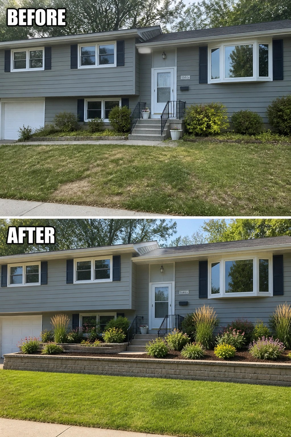 Before-and-after image of a split-level front yard where a low stone retaining wall and new defined planting beds with mulch and shrubs replace a patchy lawn.
