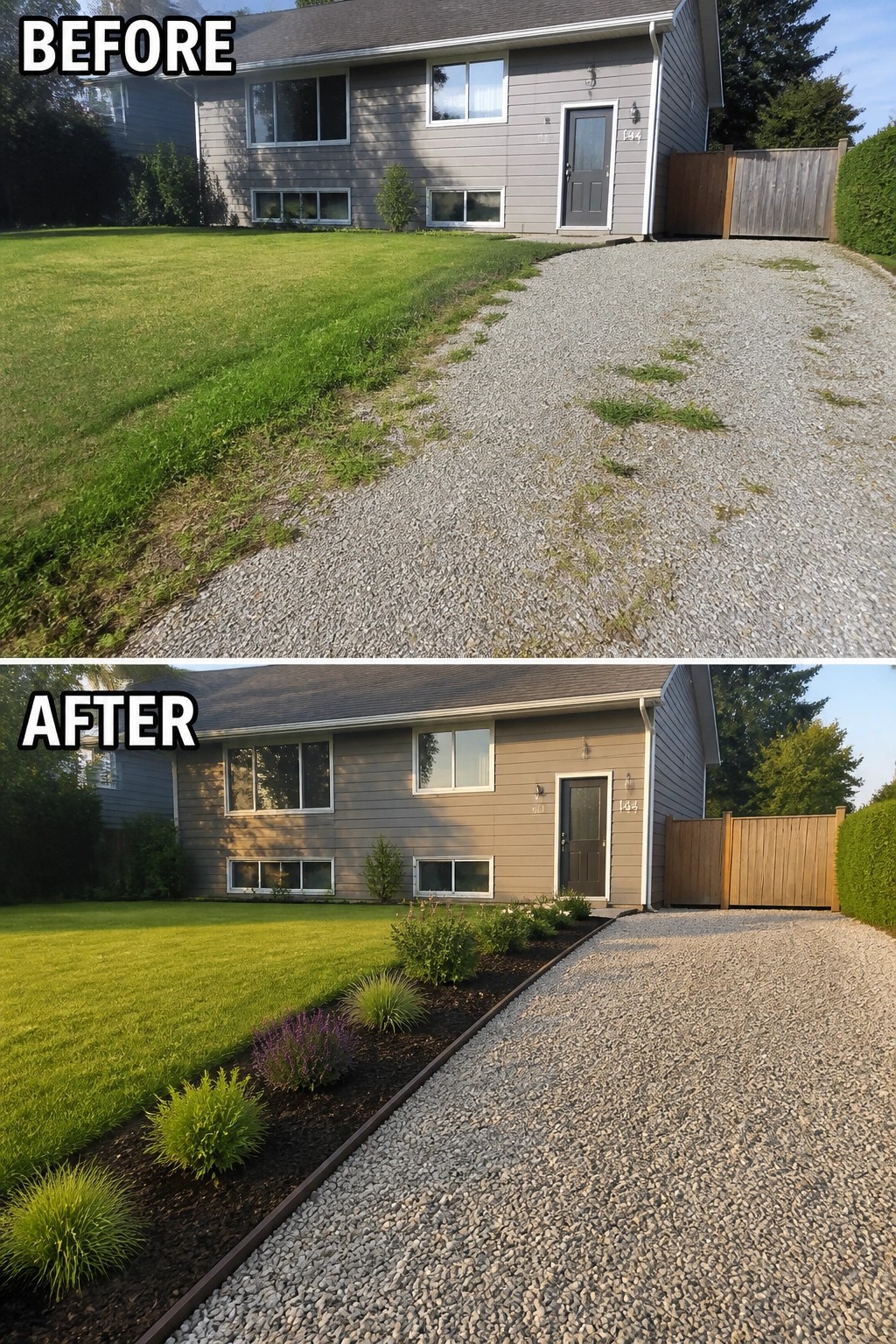 Before-and-after image of a split-level front yard where a ragged lawn and gravel drive are updated with a narrow mulched garden bed, clean edging, and low shrubs.