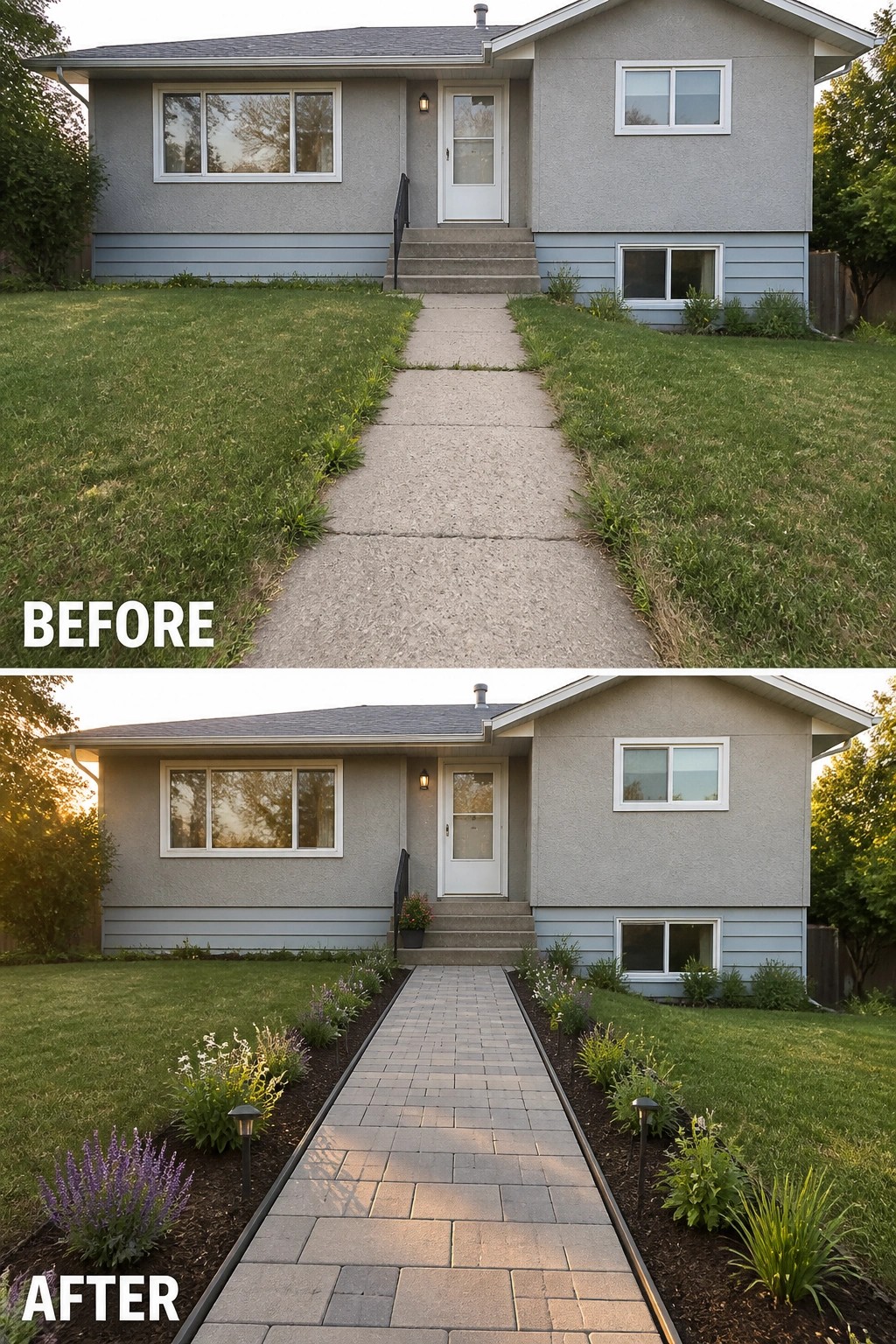 Before-and-after image of a split-level front yard where a cracked concrete walkway is replaced by a paved pathway with planted borders and low pathway lights.