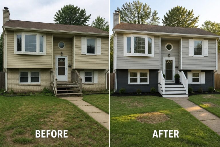 12 Affordable Split Level Exterior Updates for Tired Suburban Homes Split before-and-after suburban split-level house: beige siding replaced with gray, dark foundation, white stairs