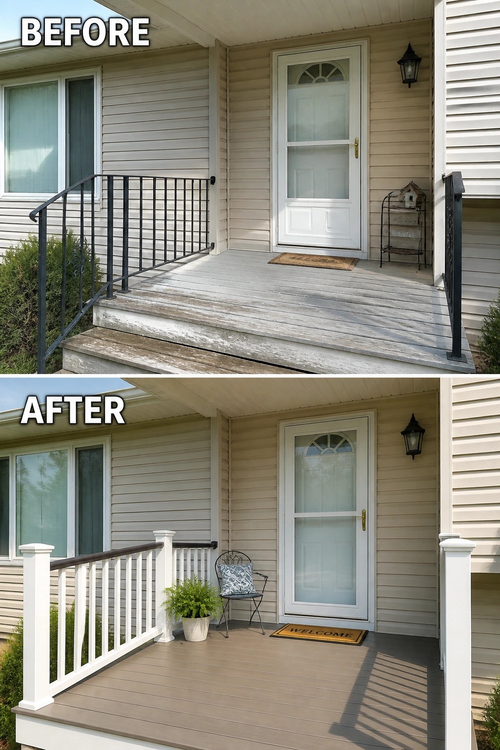 Before-and-after image of a tired front porch updated with a new railing, a small chair with a potted plant, and a welcome mat.