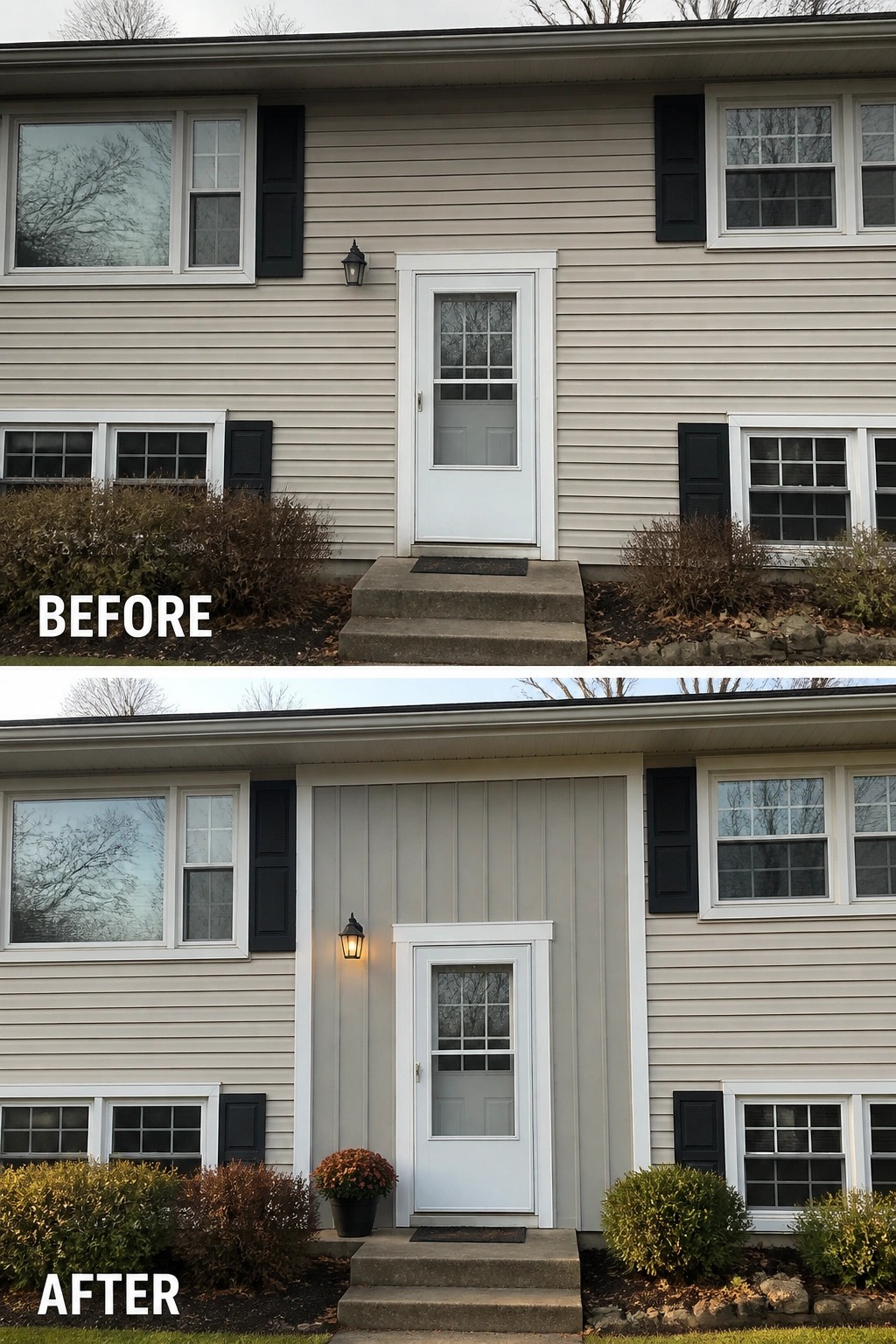 Before-and-after image of a split-level front entry updated by adding vertical siding paneling, a new wall lantern, trim around the door, and potted shrubs.