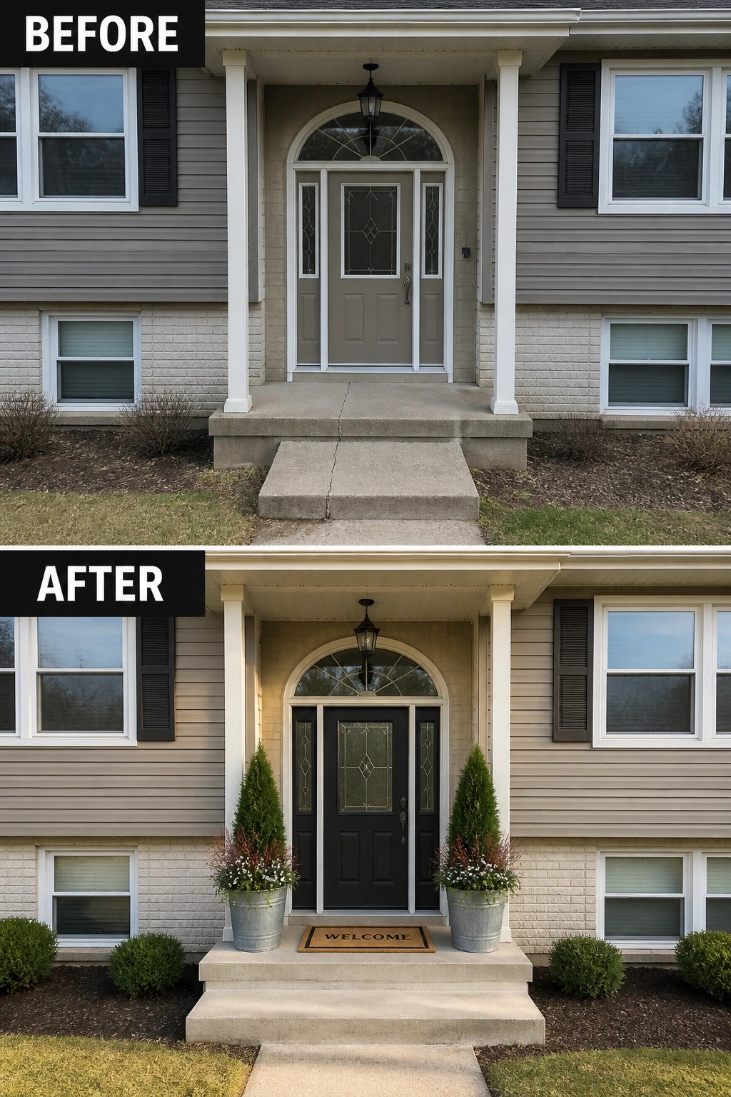 Before-and-after image of a split-level front porch updated from a plain concrete entry to a styled entry with a dark painted door, matching planters, and a welcome mat.