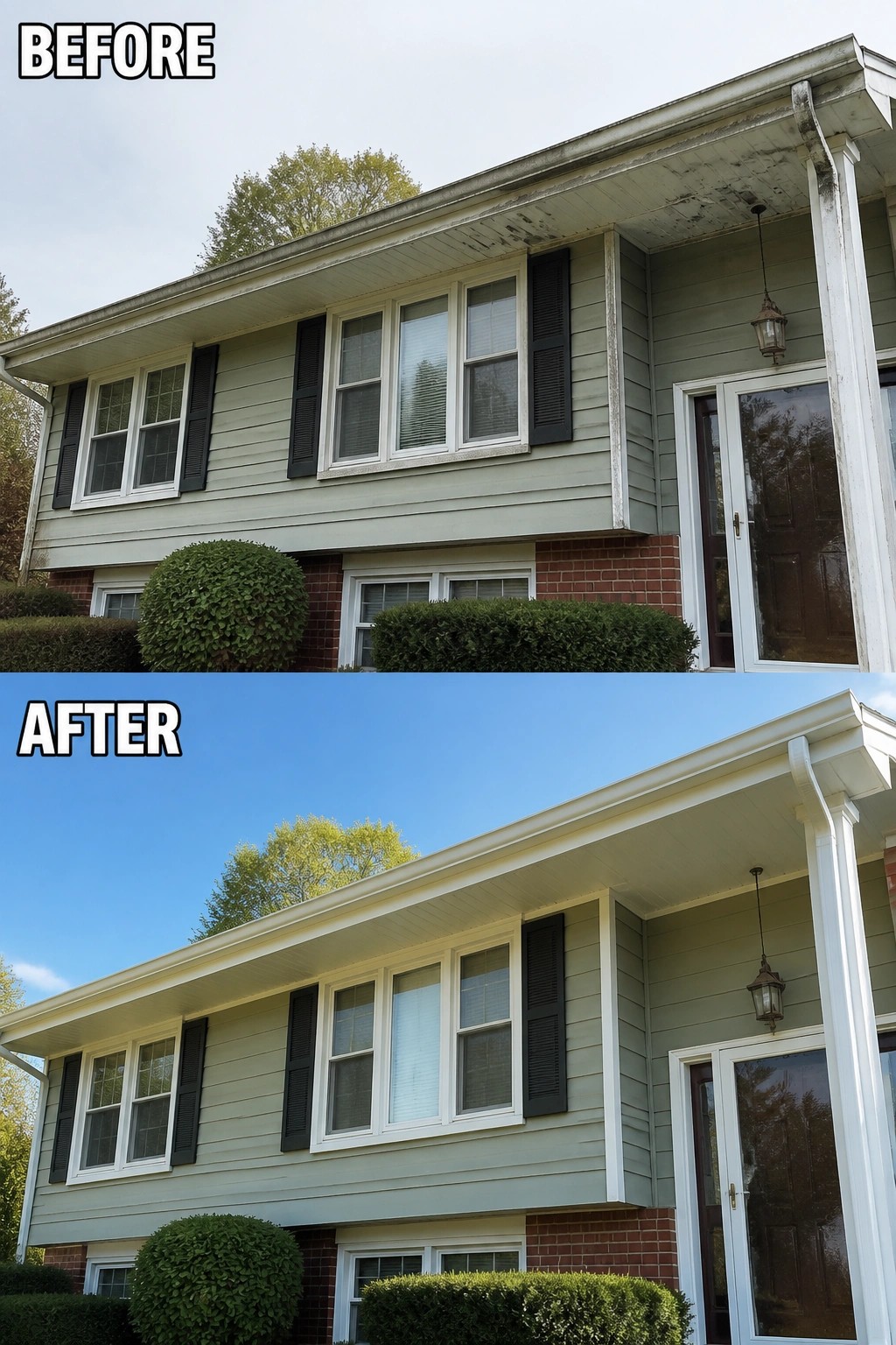 Before-and-after image of a split-level front facade with dirty, worn trim and gutters updated to clean, white trim and repaired gutters.