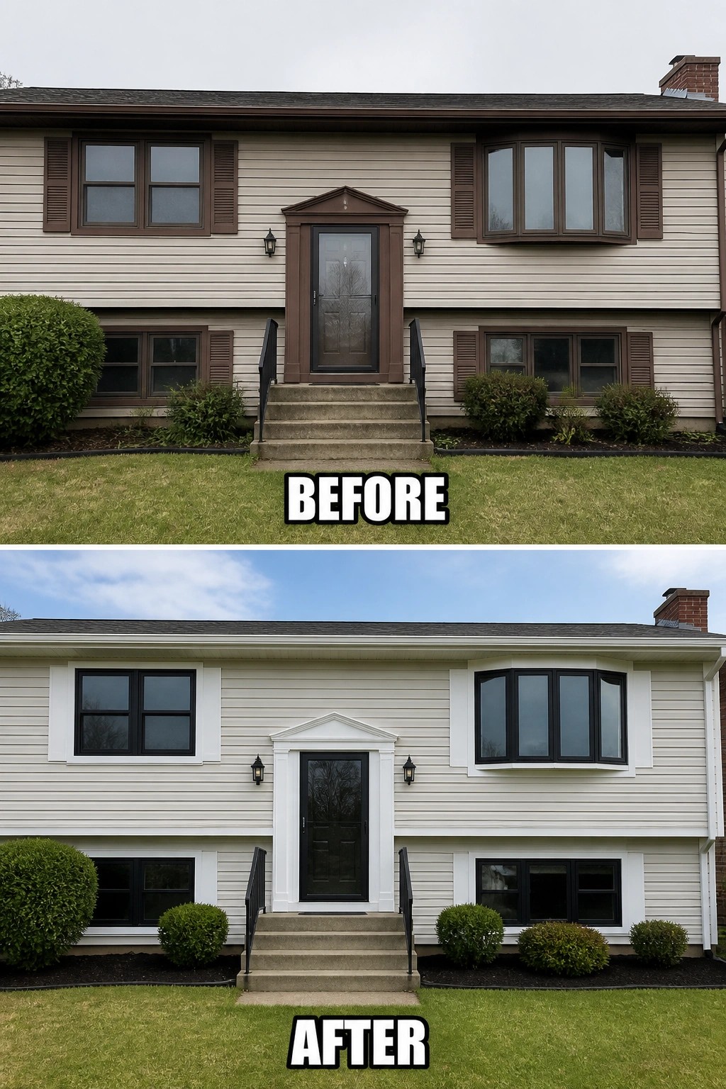 Before-and-after image of a split-level home showing dark brown trim and shutters updated to white trim and black window frames around the front door and windows.