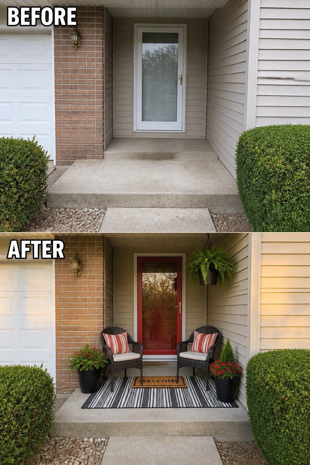 Before-and-after image of a plain concrete front porch updated with an outdoor rug, two chairs, and potted plants to create a small seating area.