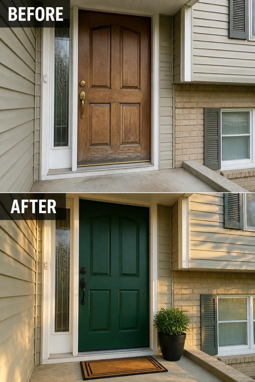 Before-and-after image of a split-level home's front entry showing a worn wooden door updated with a painted dark green door, new black hardware, a doormat, and a potted plant.