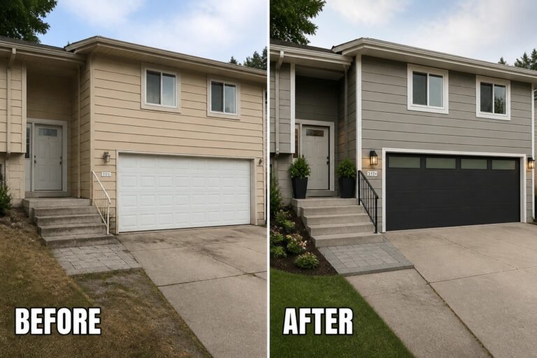 17 Beautiful Split Level Remodel Ideas for Low Entries and Oversized Garages Before-and-after split showing house makeover: gray siding, white shutters, black garage, lanterns, plants