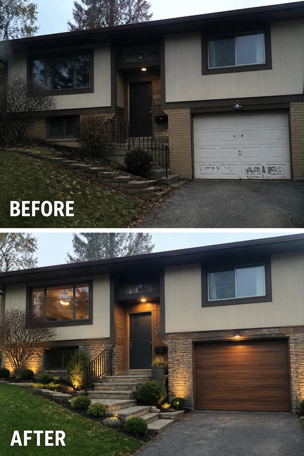 Before-and-after split-level house: beige siding, stone veneer, wood garage, black door, landscape lighting.