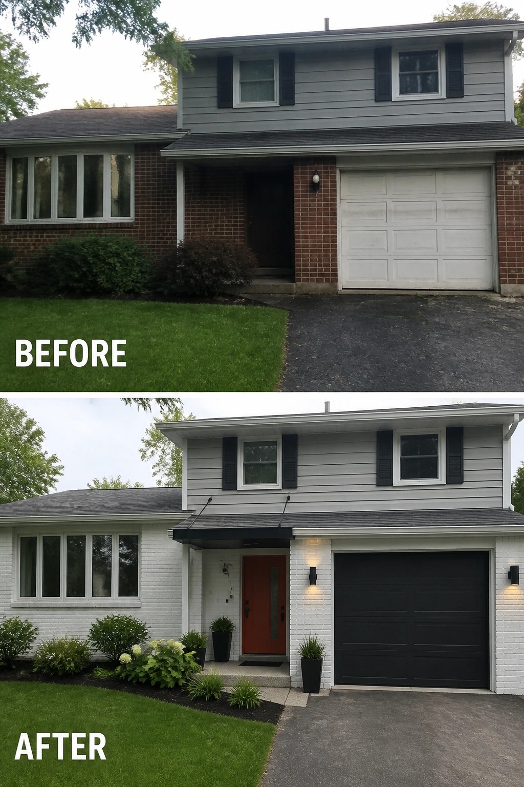 Split before-and-after suburban house: red brick to white painted brick, black garage, orange door, lighting