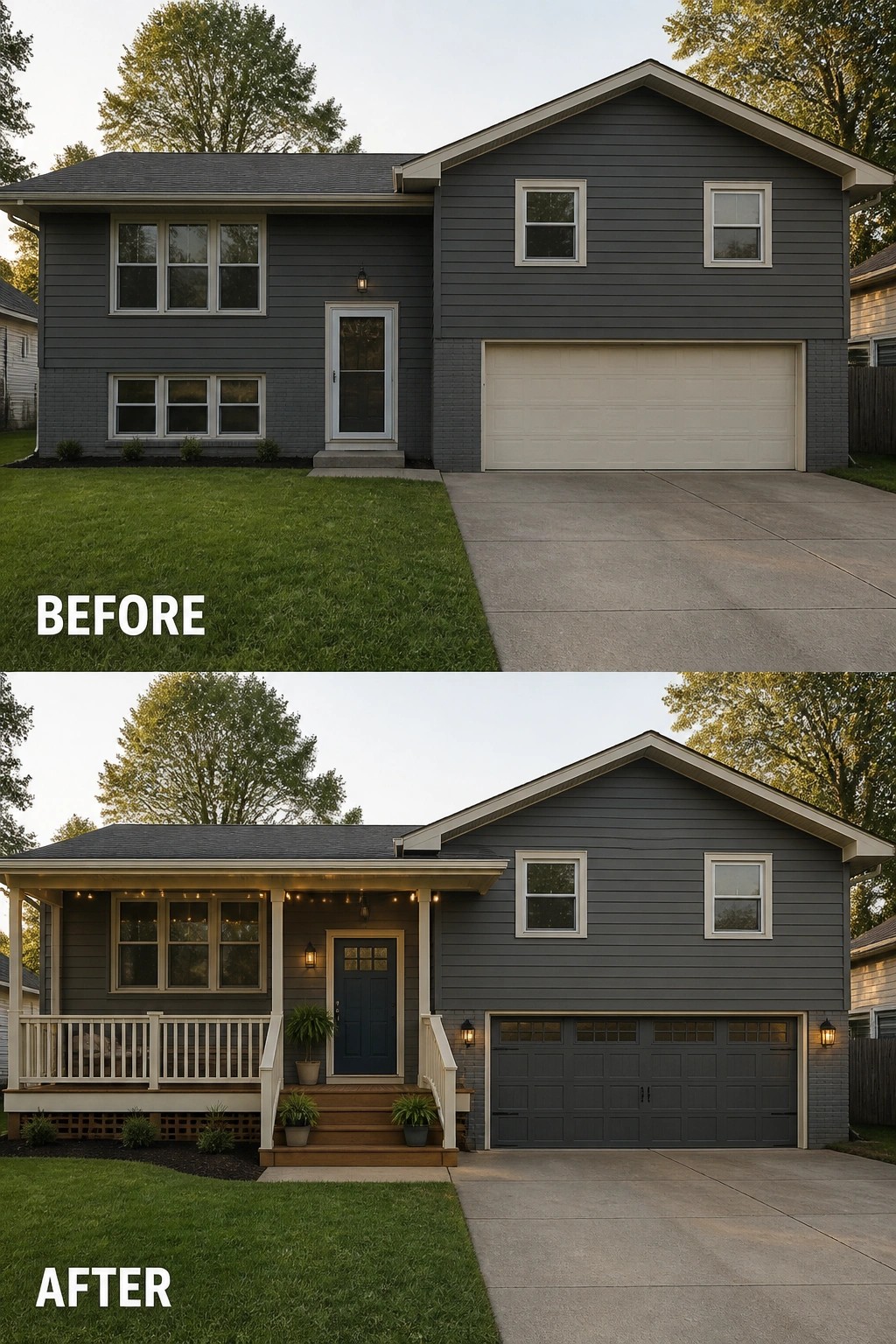 Before-and-after image of a split-level house front showing a plain facade updated with a covered porch, steps, railing, and a new front door.